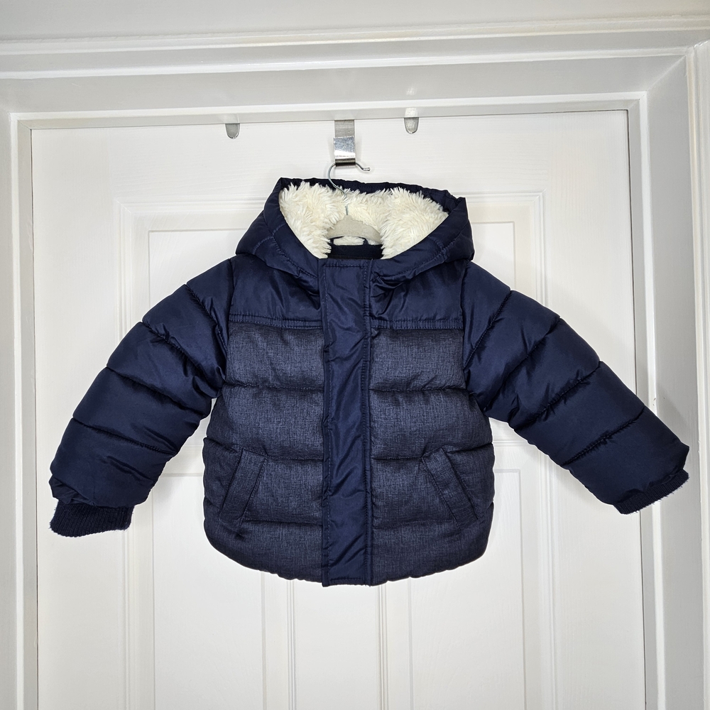 George Baby Boy Puffer Jacket 12-18M Fleece Lined Hooded Navy Blue Cream Cozy
